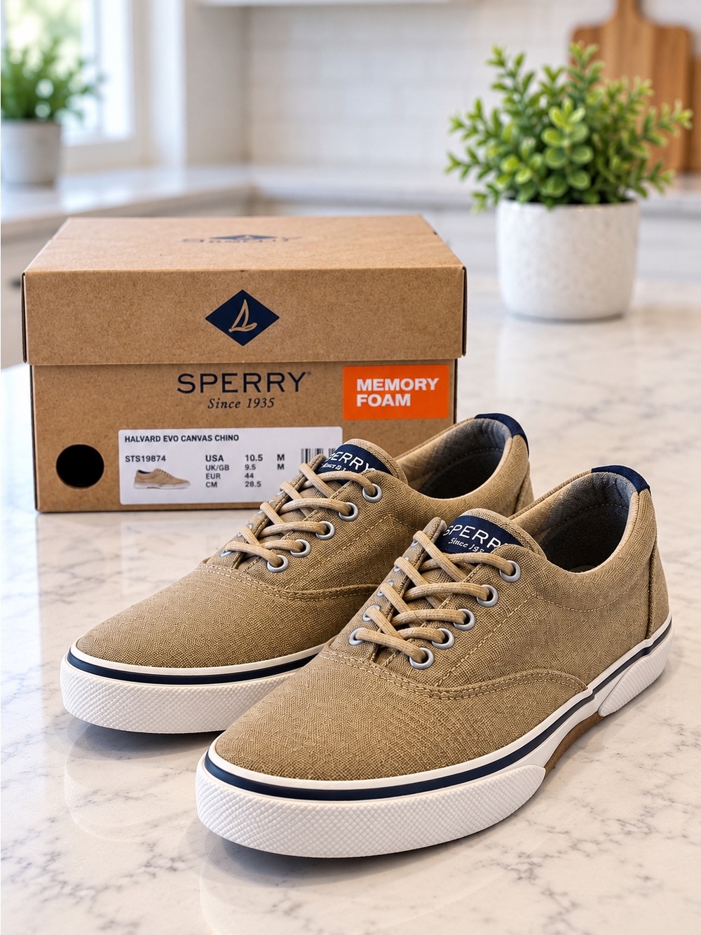 Sperry Halyard Evo Canvas Chino Men’s Sneakers Tan Memory Foam Size 10.5 NIB